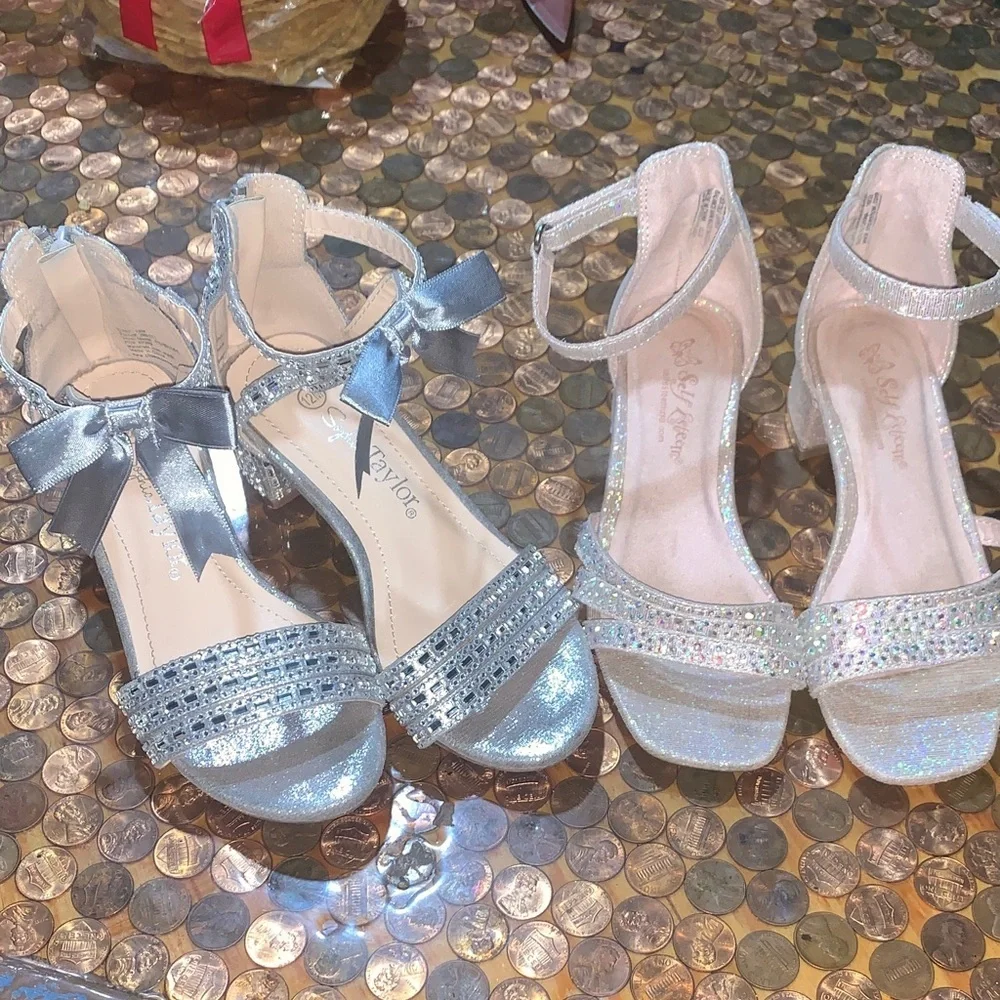 Elegant Silver Kids Dress Shoes with Bow- Bundle of 2 pairs